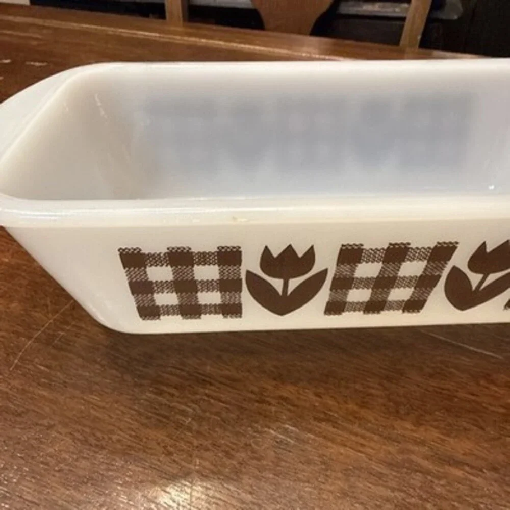 Vintage Glasbake 5x9  White Milk Glass Loaf Pan Brown Gingham Tulips